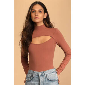 Lulus Always Impressed Light Brown Ribbed Turtleneck Cutout Bodysuit - Size M